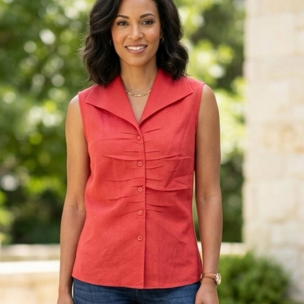 André Oliver Vintage Red Linen Blend Sleeveless Pintuck Blouse Sz 10 Minimalist